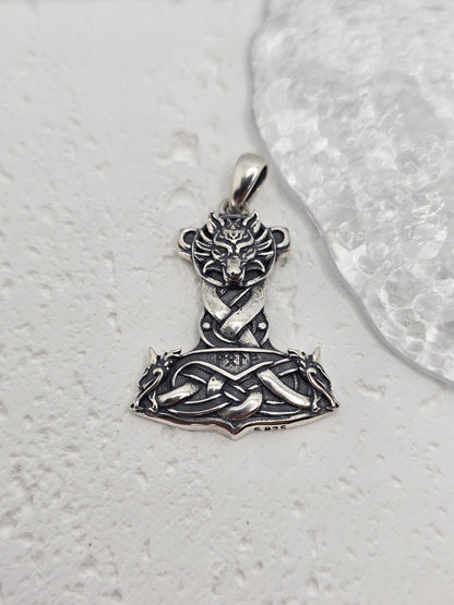 Viking Wolf Thor Hammer 925 Sterling Silver Celtic Knot Mjolnir Pendant