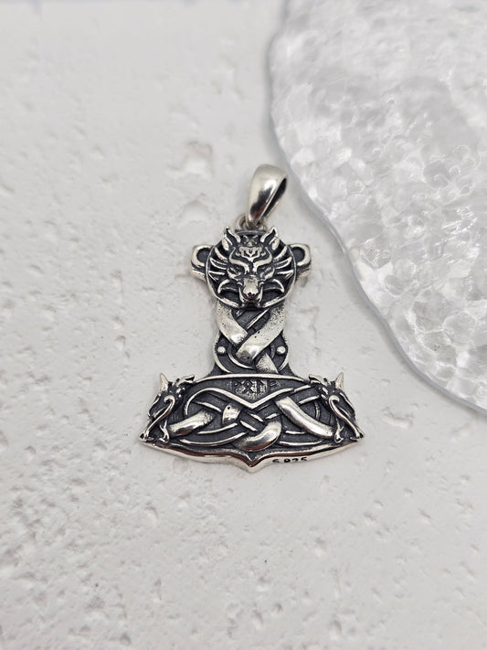 Viking Wolf Thor Hammer 925 Sterling Silver Celtic Knot Mjolnir Pendant