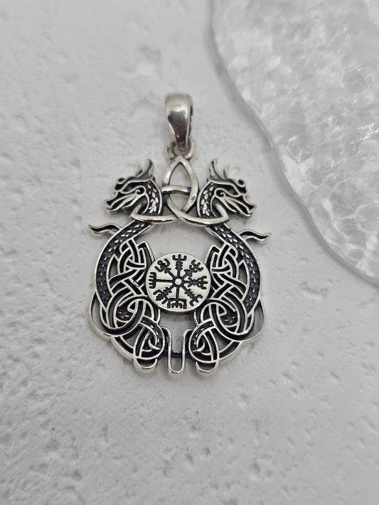 Viking Dragon Compass 925 Sterling Silver Pendant Celtic Knot Amulet