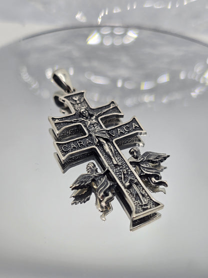 Caravaca Cross 925 Sterling Silver Pendant awith Angels Catholic Religious Amulet