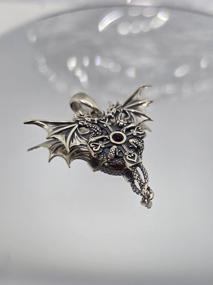 Viking Dragon Cross 925 Sterling Silver Red Gem Pendant Gothic Amulet