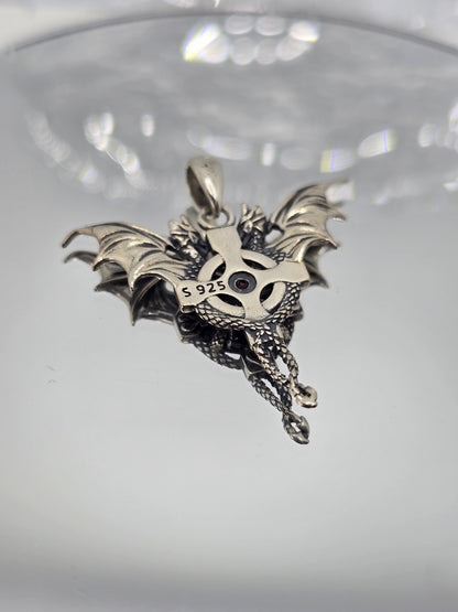 Viking Dragon Cross 925 Sterling Silver Red Gem Pendant Gothic Amulet