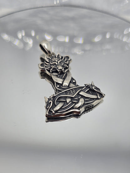 Viking Wolf Thor Hammer 925 Sterling Silver Celtic Knot Mjolnir Pendant