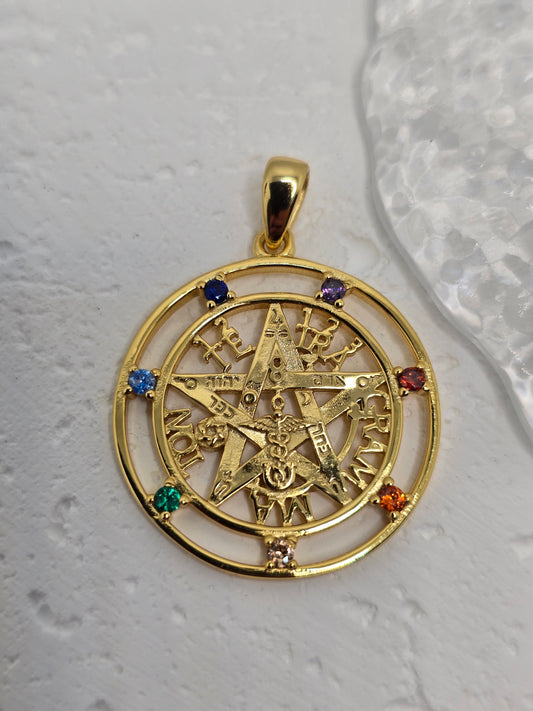  Tetragrammaton Pentagram 925 Sterling Silver 7 Chakra 18K Gold Plated Pendant