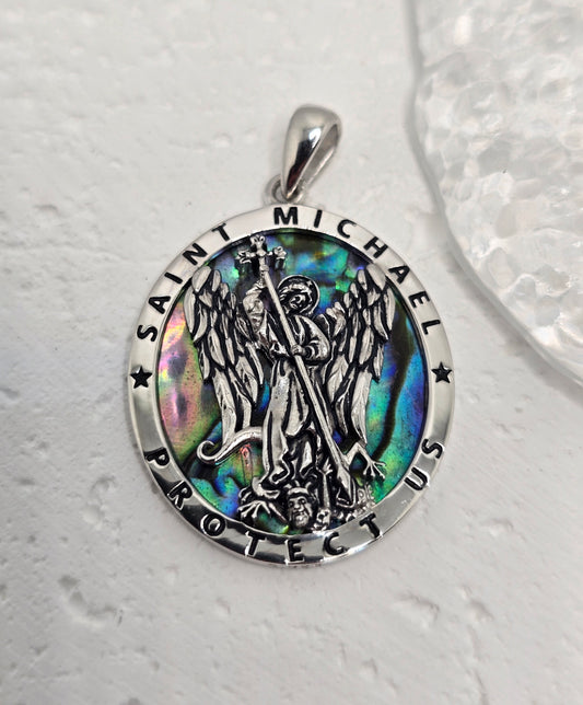 Saint Michael Archangel 925 Sterling Silver Abalone Shell Catholic Pendant