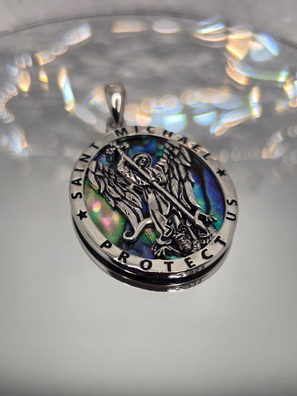 Saint Michael Archangel 925 Sterling Silver Abalone Shell Catholic Pendant