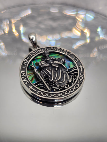 Saint Christopher 925 Sterling Silver Abalone Shell Travel Protection Pendant