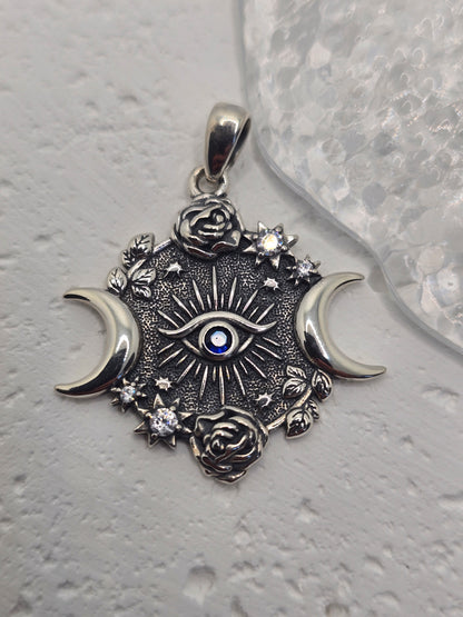  Evil Eye of Horus Triple Moon Goddess 925 Sterling Silver Amulet Pendant Wiccan
