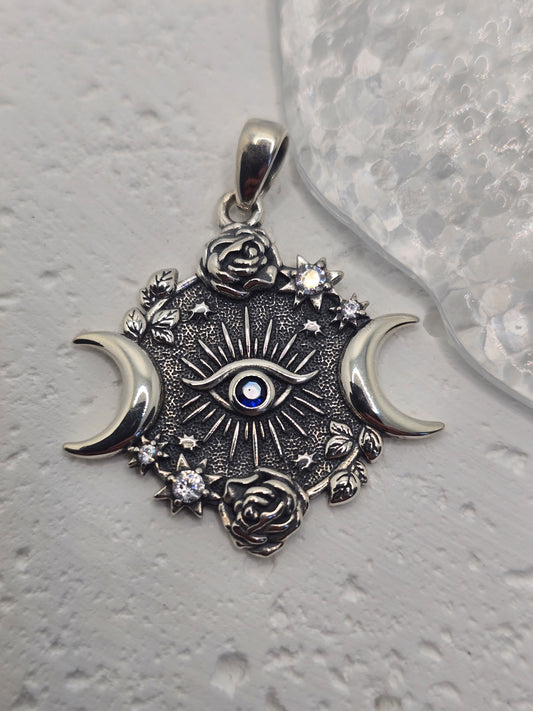  Evil Eye of Horus Triple Moon Goddess 925 Sterling Silver Amulet Pendant Wiccan