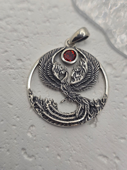  Phoenix Rising 925 Sterling Silver Pendant Natural Garnet Rebirth Talisman