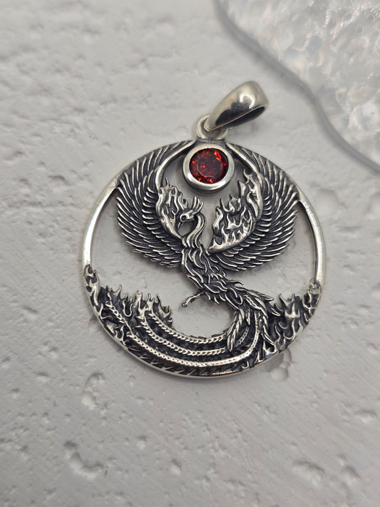  Phoenix Rising 925 Sterling Silver Pendant Natural Garnet Rebirth Talisman