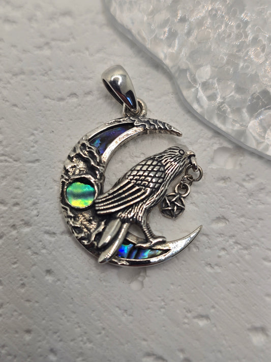 Viking Raven Moon 925 Sterling Silver Abalone Pentagram Crescent Pendant