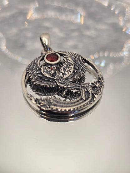 Phoenix Rising 925 Sterling Silver Pendant Natural Garnet Rebirth Talisman