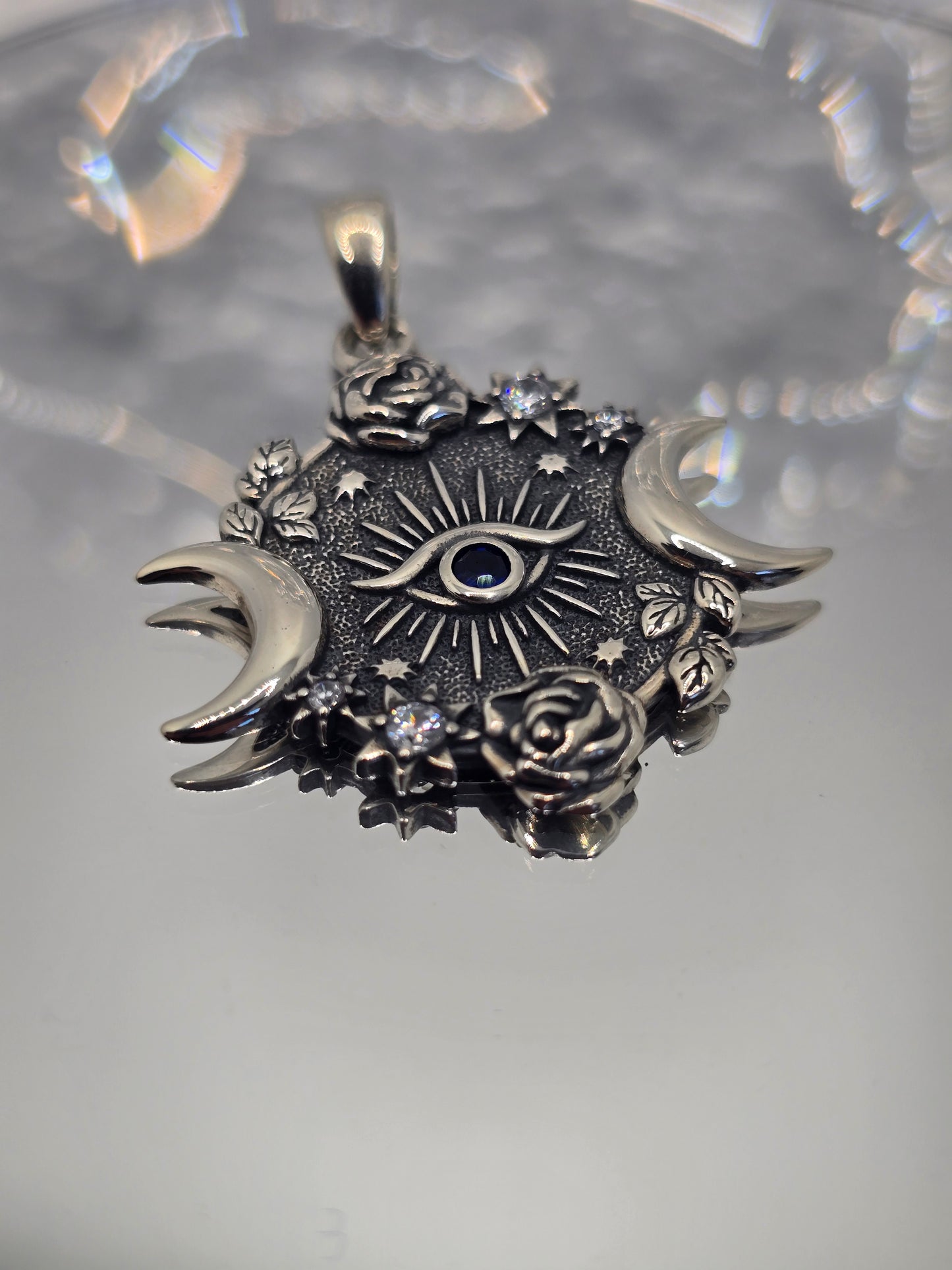 Anhänger mit dem bösen Auge des Horus, dreifacher Mond, Göttin, 925er Sterlingsilber, Geschenk, Saphir 