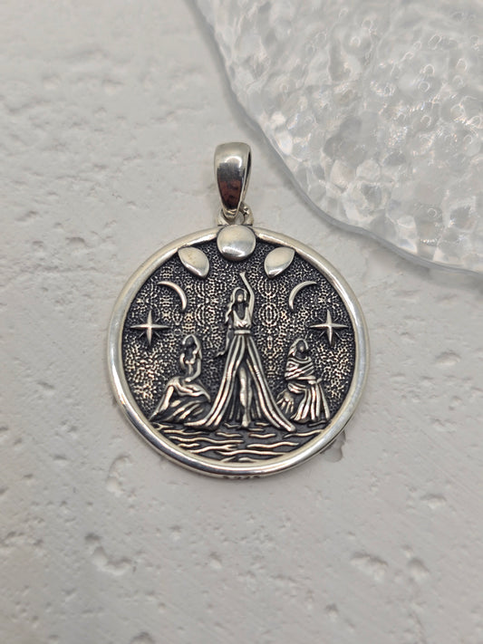 Triple Goddess 925 Sterling Silver Pendant Triple Moon Wiccan Pagan