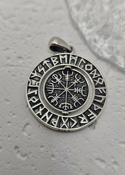 Viking Runes Vegvisir 925 Sterling Silver Rotatable Compass Pendant