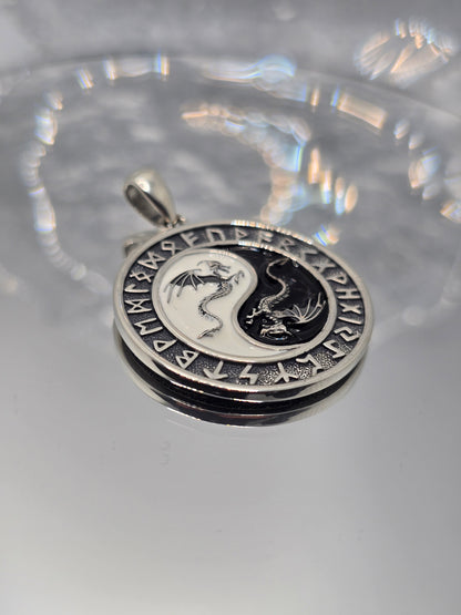Yin Yang Dragon 925 Sterling Silver Norse Runes Pendant Balance Amulet