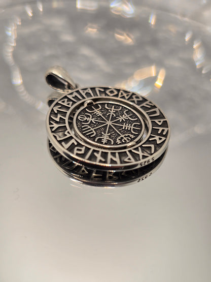 Viking Runes Vegvisir 925 Sterling Silver Rotatable Compass Pendant