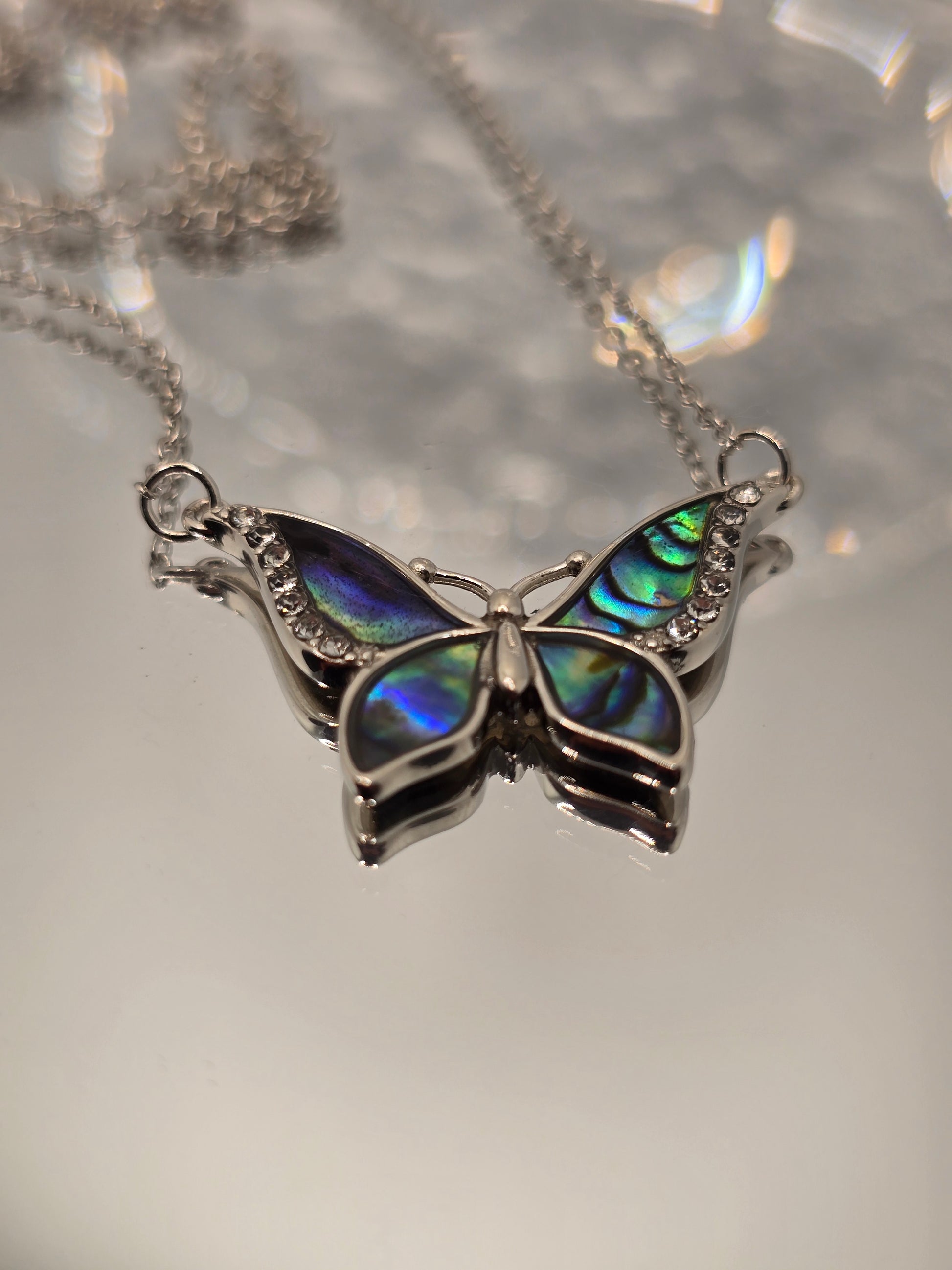 Blue Butterfly 925 Sterling Silver Abalone Shell Crystal Necklace 18 Inch Chain