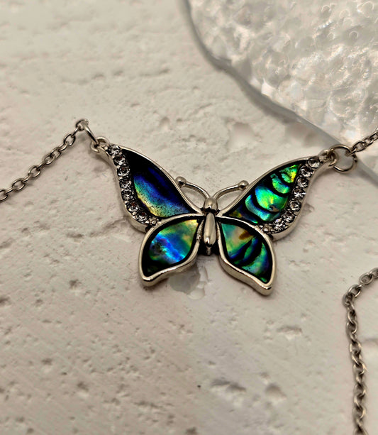 Blue Butterfly 925 Sterling Silver Abalone Shell Crystal Necklace 18 Inch Chain