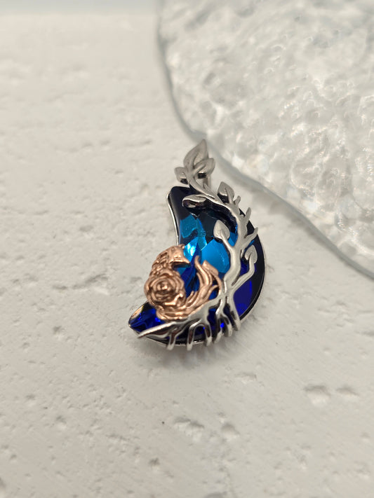 Moon Fox 925 Sterling Silver Blue Crystal Rose Gold Accents Crescent Pendant
