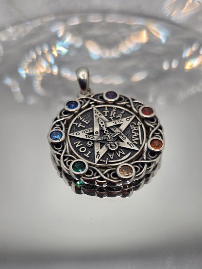 Drehbarer Pentagramm-Chakra-Anhänger 925 Sterling Silber mit 7 Steinen 