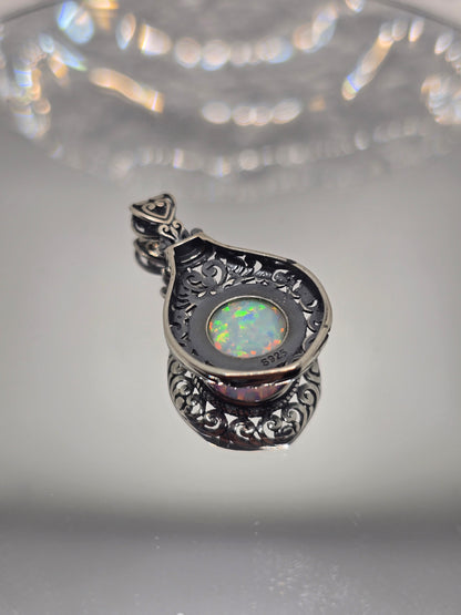 Cabochon Opal 2.5ct 925 Sterling Silver Filigree Pendant Vintage Style
