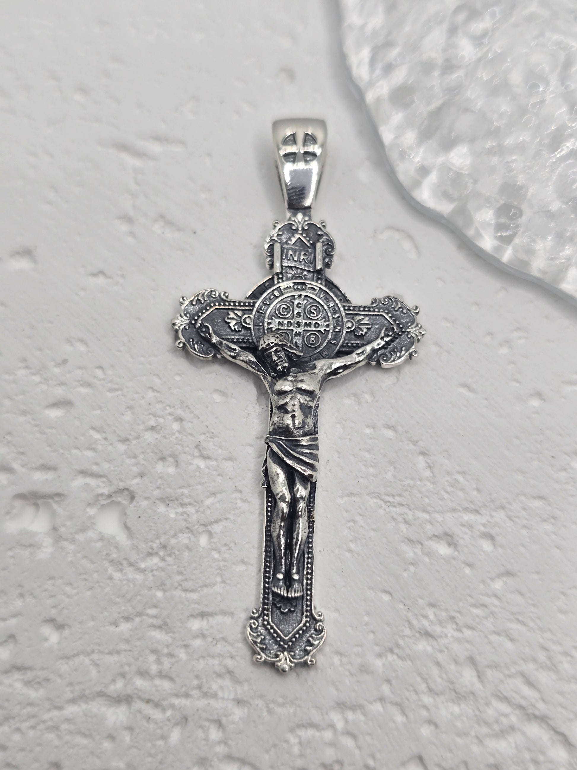 Saint Benedict Crucifix Cross Pendant 925 Sterling Silver 8.4g Religious Gift
