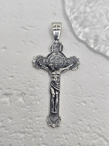 Saint Benedict Crucifix Cross Pendant 925 Sterling Silver 8.4g Religious Gift