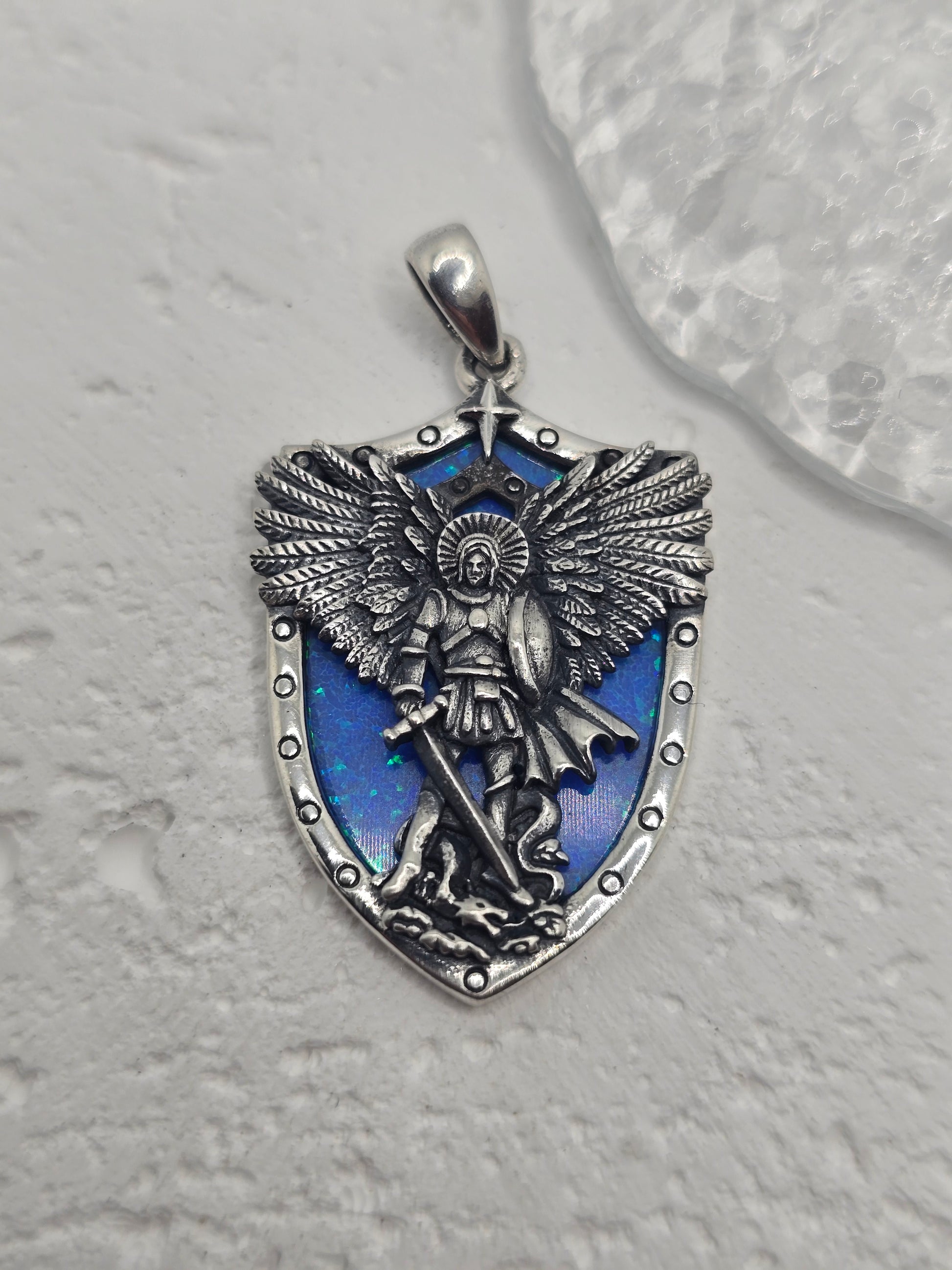 Archangel Michael Pendant with Blue Opal Shield Protection 925 Sterling Silver