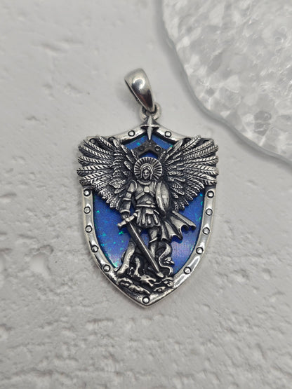 Archangel Michael Pendant with Blue Opal Shield Protection 925 Sterling Silver