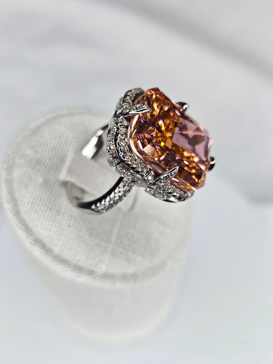 Padparadscha Style Radiant Cut Statement Ring in 925 Sterling Silver