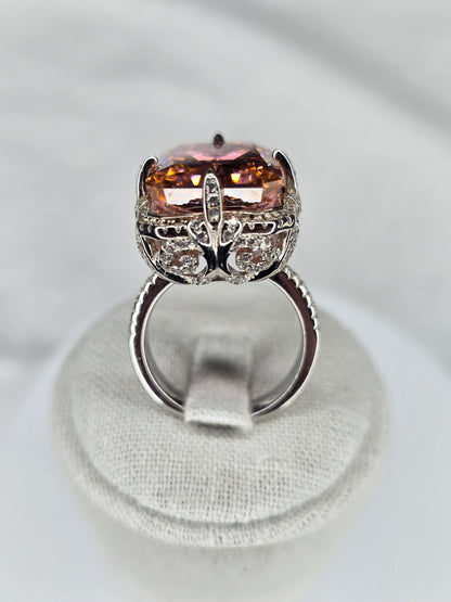 Padparadscha Style Radiant Cut Statement Ring in 925 Sterling Silver