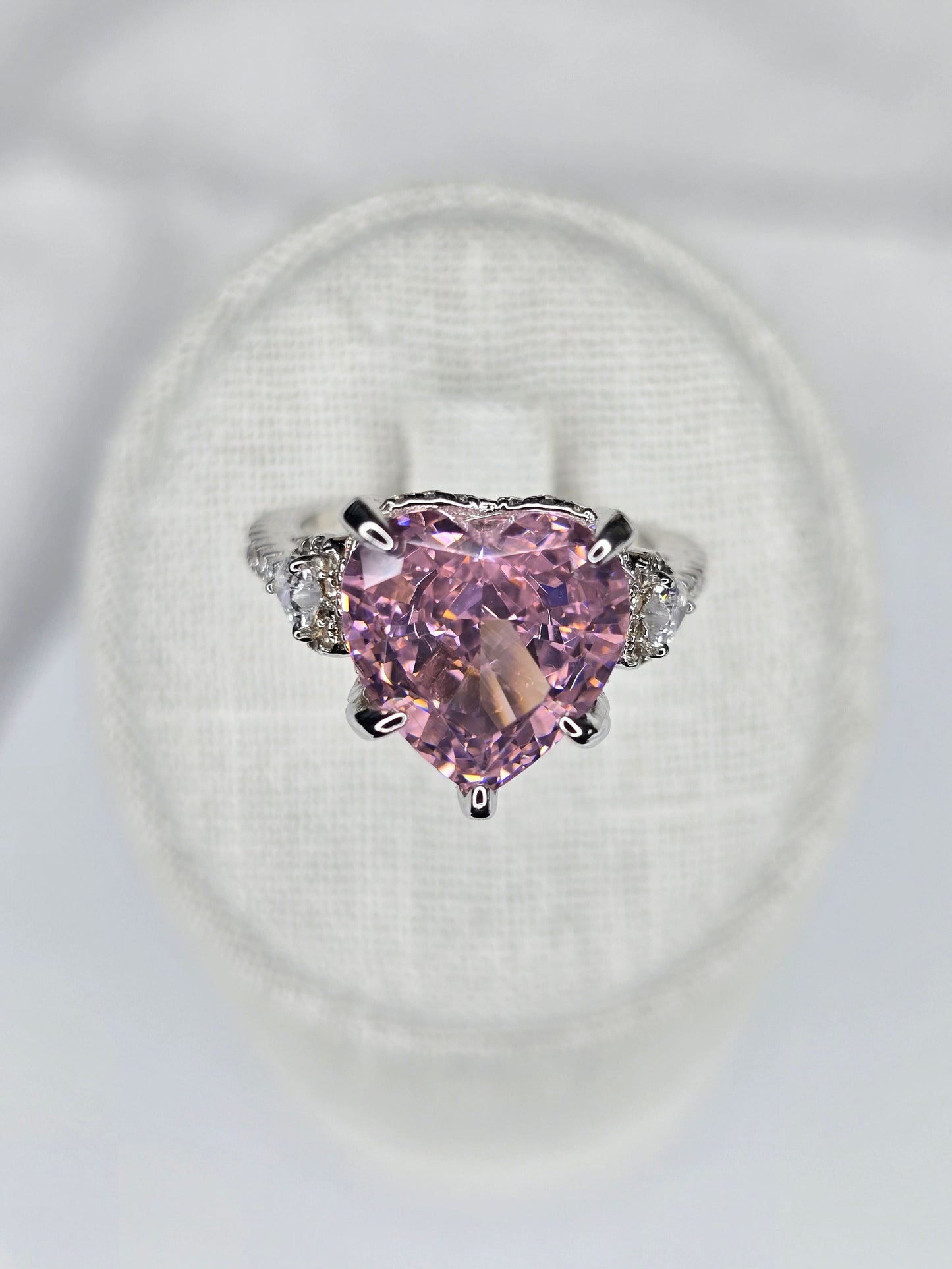 Pink heart moissanite ring in 925 sterling silver with halo setting