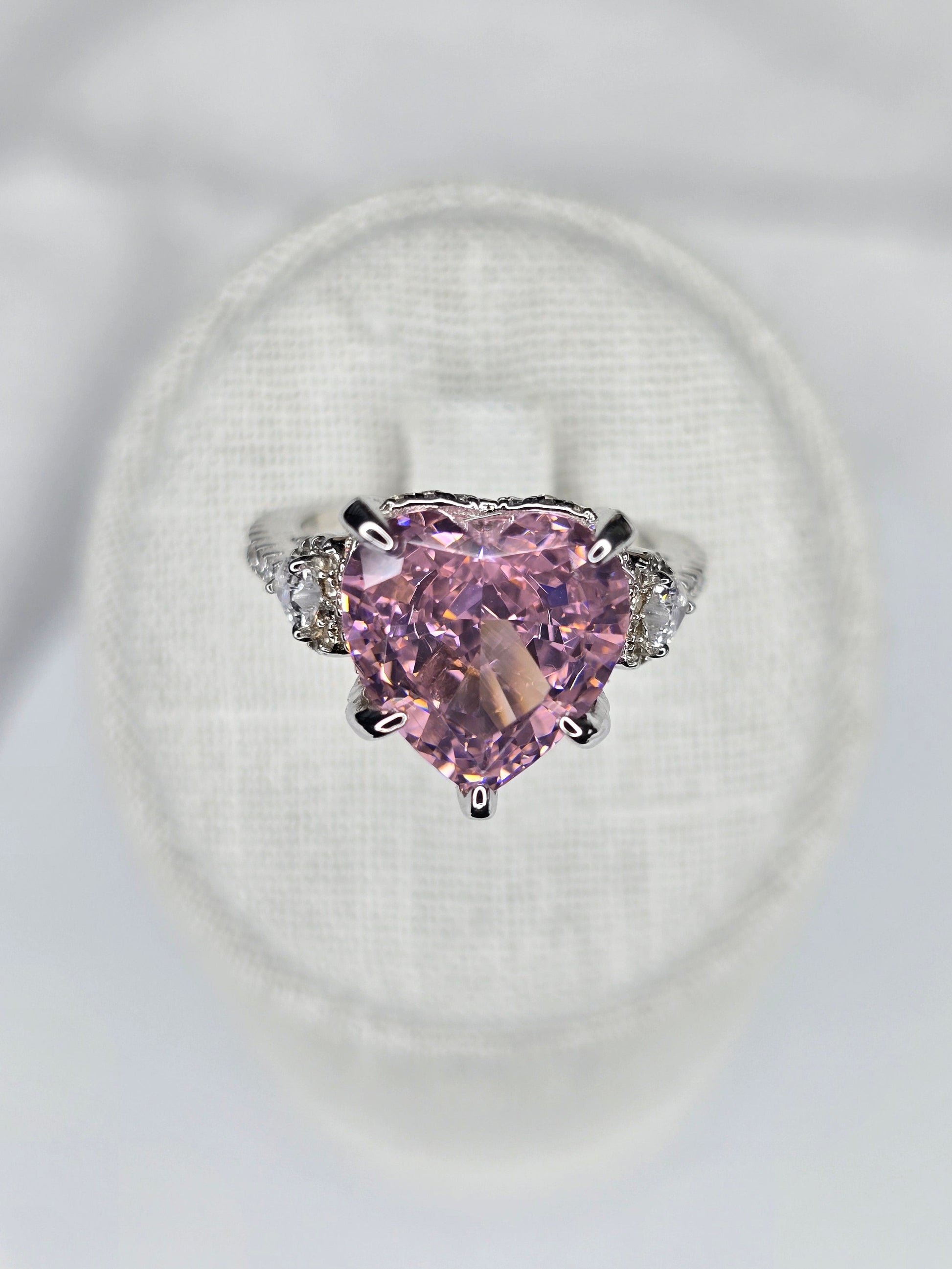 Pink heart moissanite ring in 925 sterling silver with halo setting