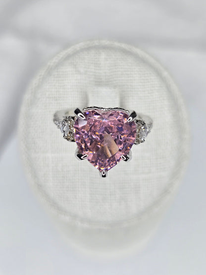 Pink heart moissanite ring in 925 sterling silver with halo setting