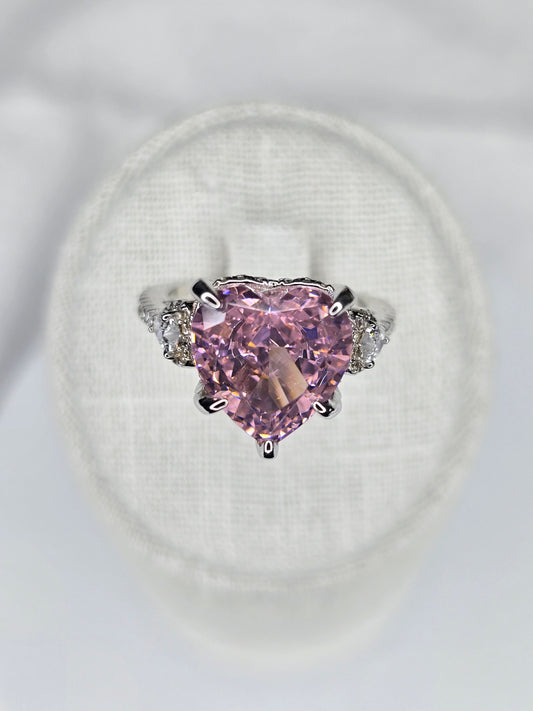 Pink heart moissanite ring in 925 sterling silver with halo setting