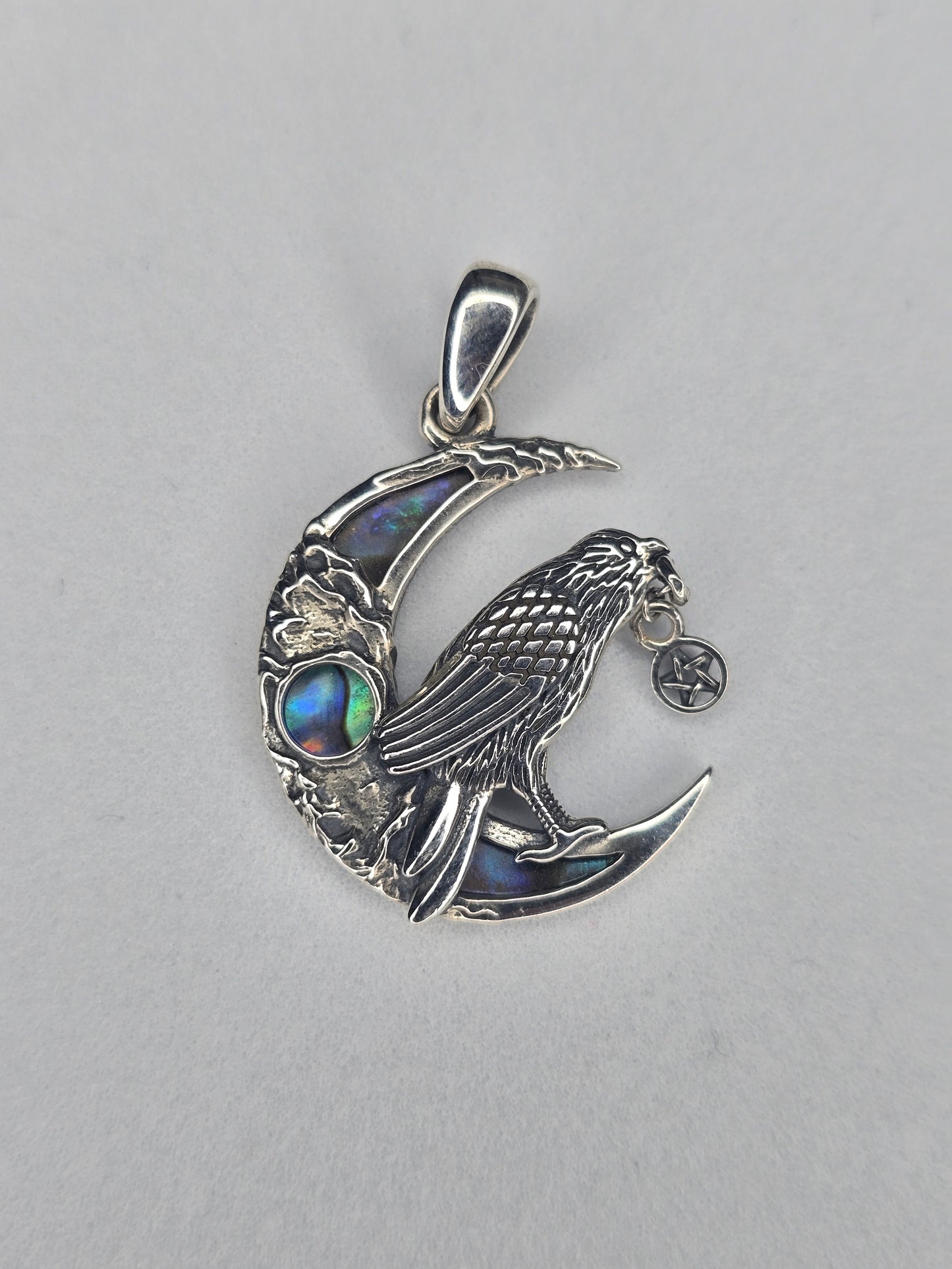 Viking raven moon pendant made of 925 sterling silver with abalone shell inlay and pentagram charm