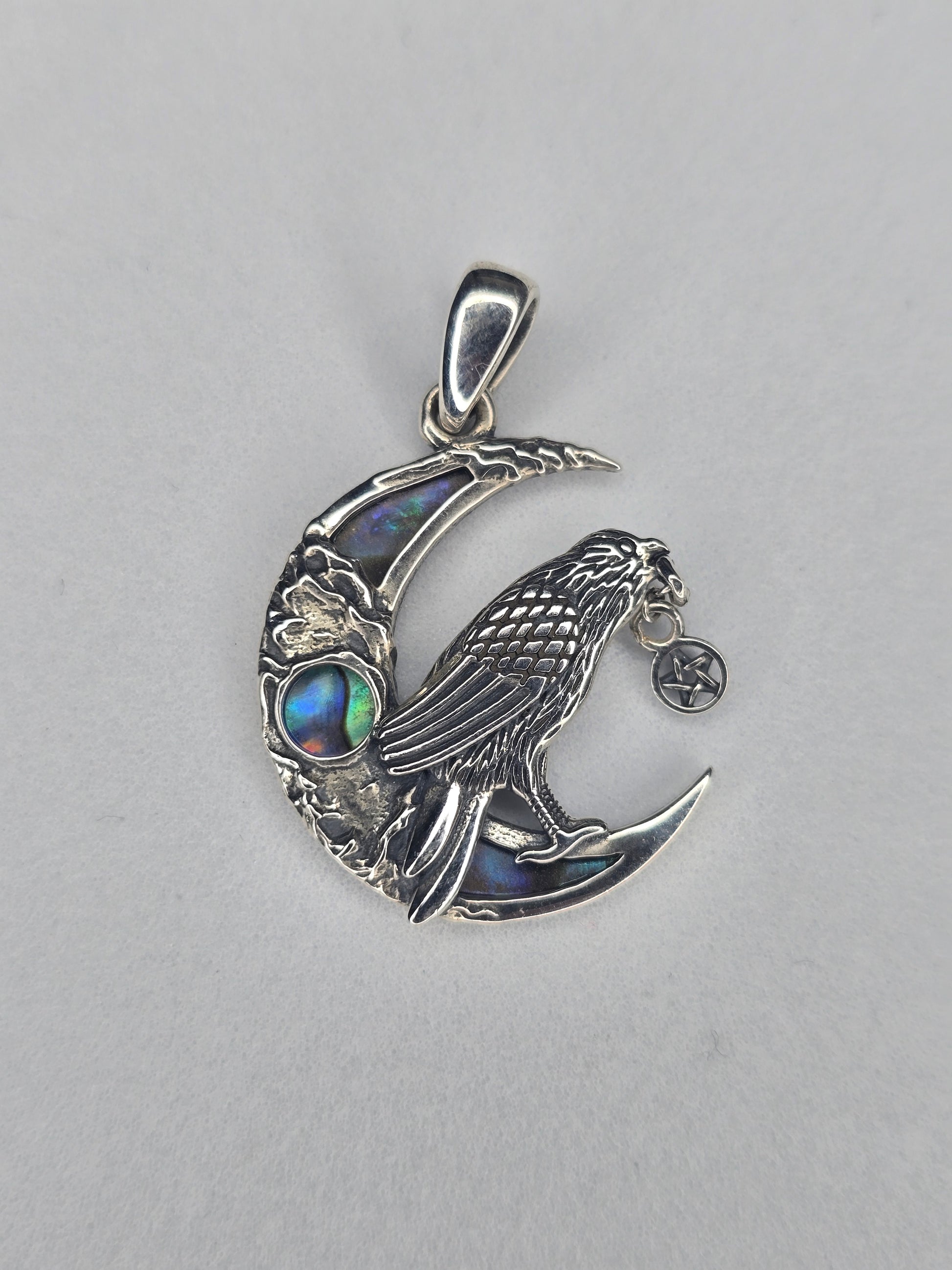 Viking raven moon pendant made of 925 sterling silver with abalone shell inlay and pentagram charm