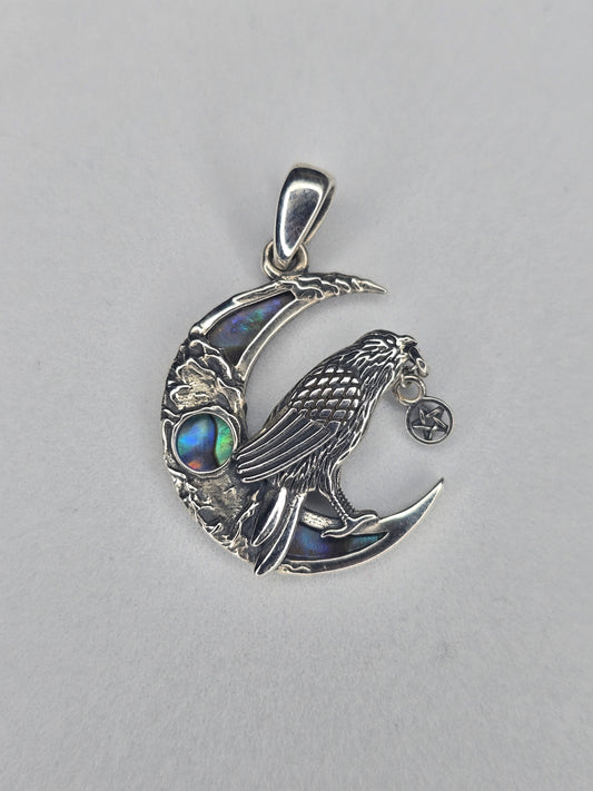 Viking raven moon pendant made of 925 sterling silver with abalone shell inlay and pentagram charm