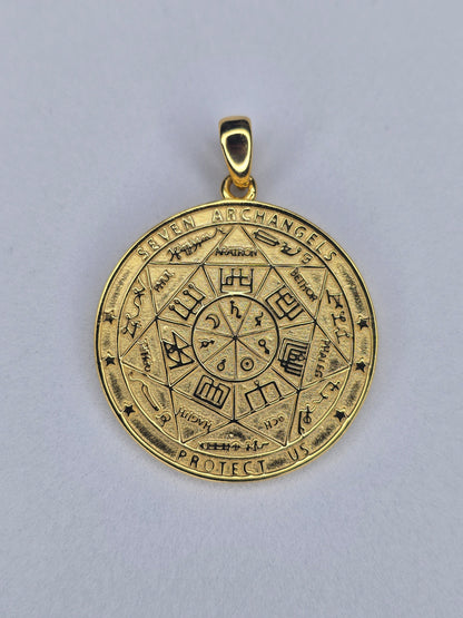 Seven archangels rune amulet in 925 sterling silver with 18K gold plating and engraved symbols