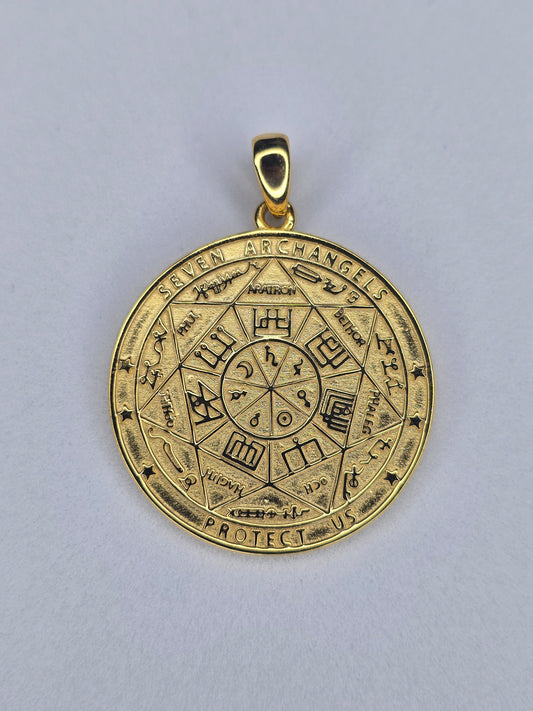 Seven archangels rune amulet in 925 sterling silver with 18K gold plating and engraved symbols