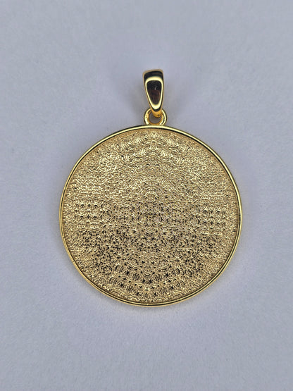 Back view of seven archangels amulet in gold plated 925 sterling silver with textured finish