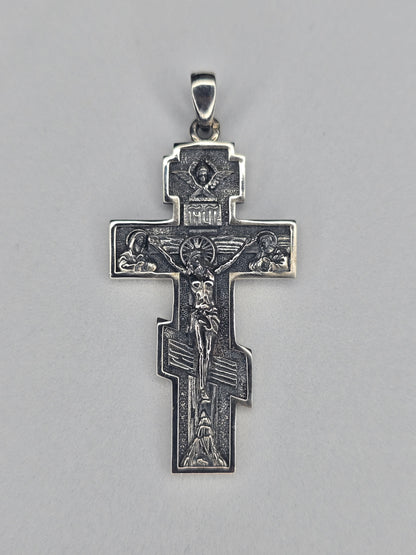 Orthodox crucifix cross pendant in 925 sterling silver with detailed engraving of Jesus