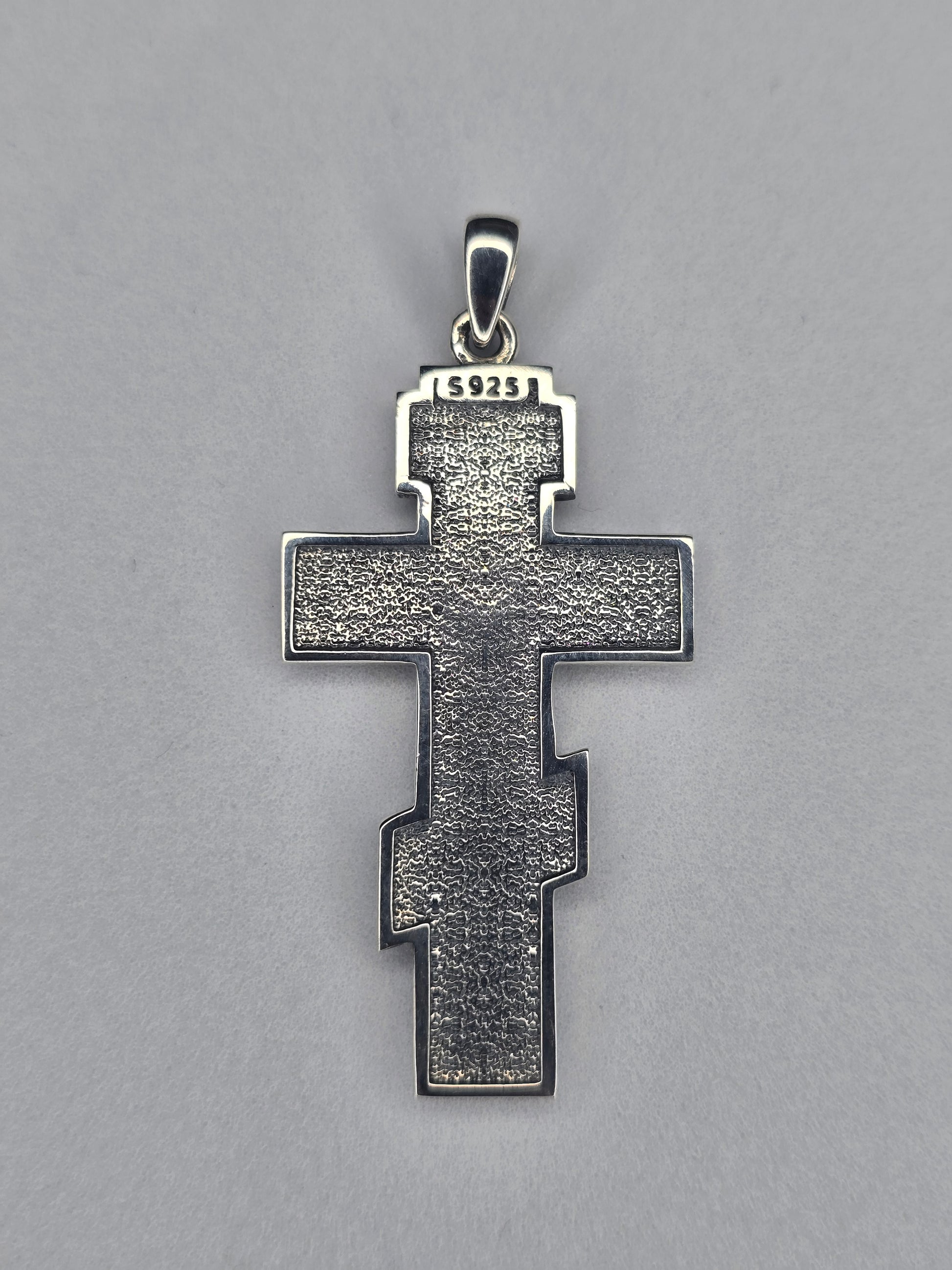 Back view of Orthodox crucifix cross pendant in 925 sterling silver with S925 hallmark
