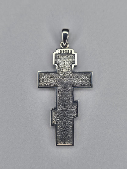 Back view of Orthodox crucifix cross pendant in 925 sterling silver with S925 hallmark