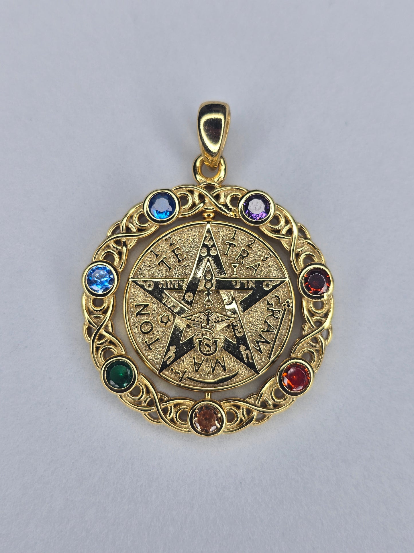 Rotating tetragrammaton pentagram pendant in 925 sterling silver with 18K gold plating and chakra stones