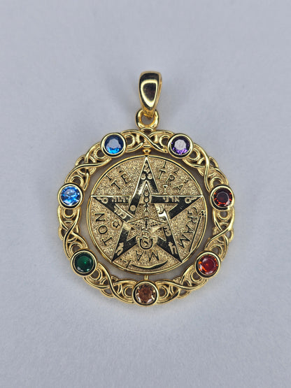 Rotating tetragrammaton pentagram pendant in 925 sterling silver with 18K gold plating and chakra stones