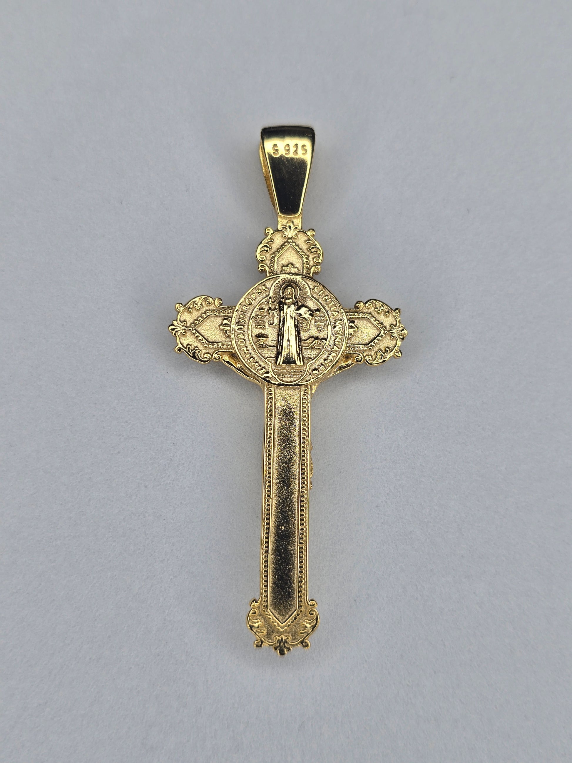 Back view of Saint Benedict crucifix showing medal relief and 925 hallmark on gold plated bail