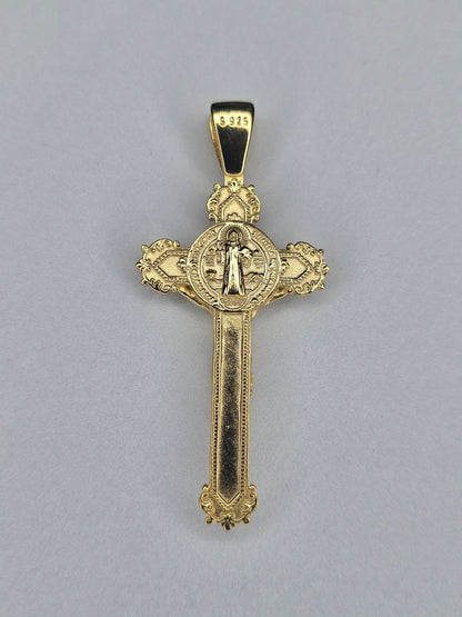 Back view of Saint Benedict crucifix showing medal relief and 925 hallmark on gold plated bail